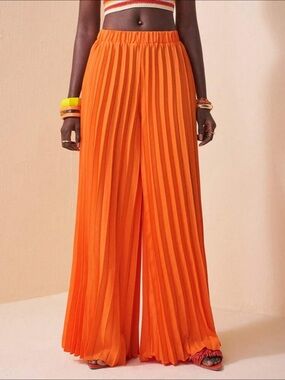 SHEIN Bright Orange Pleated Wide-Leg Pants